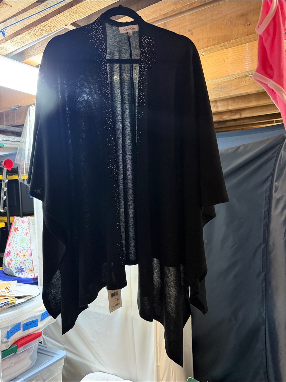 Calvin Klein Black Open-Front Rhinestone Trim Poncho